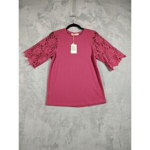 Grace + Emma Pink Waffle Knit Top Floral Lace Crochet Sleeve XS 7703B-Pink